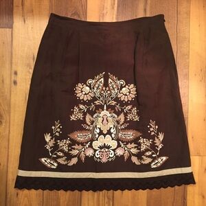 LOFT Brown A-Line Skirt with Floral Embroidery